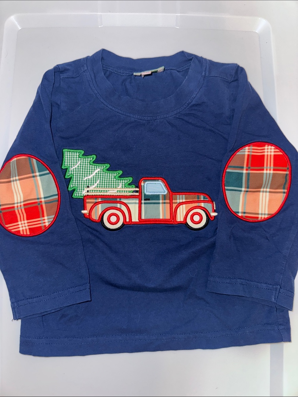 Navy Long-Sleeve Kids Top with Red Truck and Tree Applique